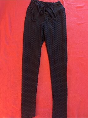 High-Rise Black Textured Leggings with Drawstring Waist